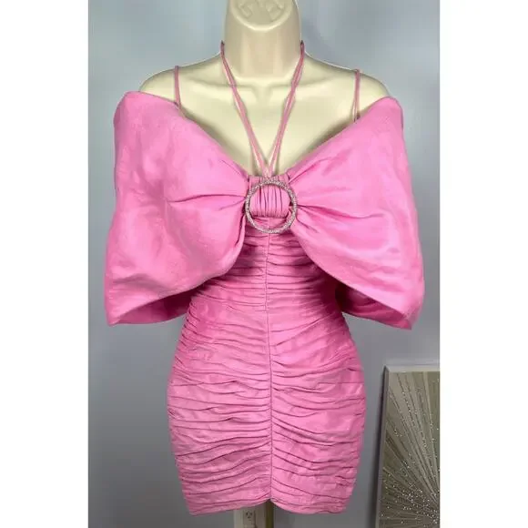 RASARIO Bow Embellished Draped Off the Shoulder Pink Linen Mini Dress Size 2 - Picture 4 of 13